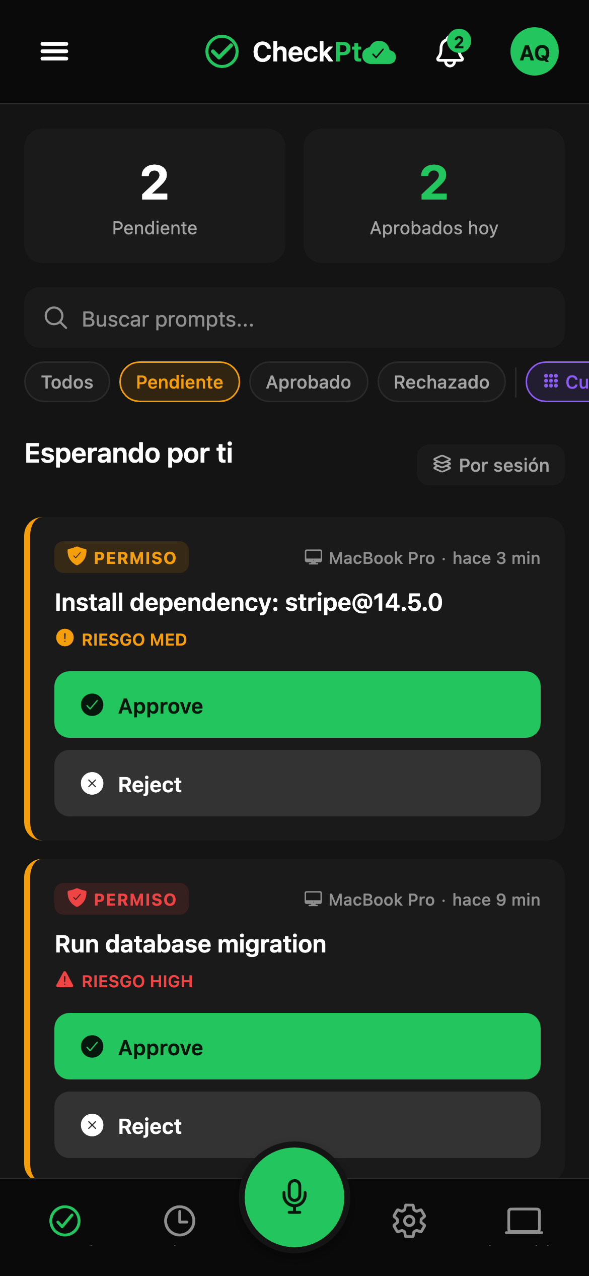 CheckPt mobile approvals screen.