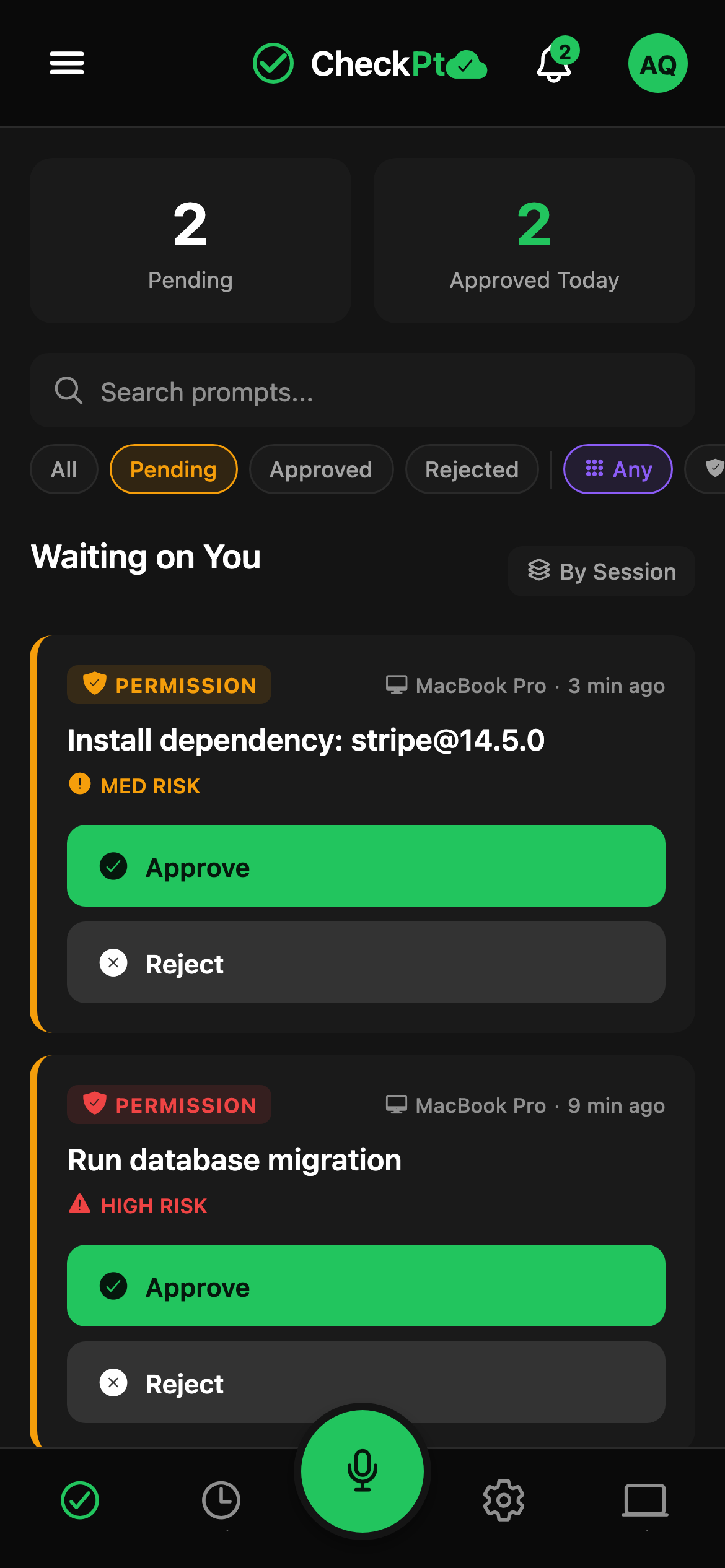 CheckPt mobile approvals screen.