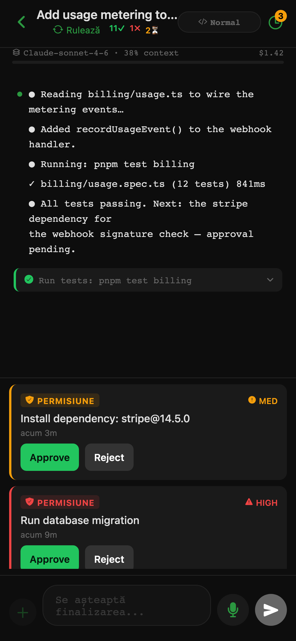 Aplicația mobilă CheckPt afișând o sesiune activă cu servicii, mediu, stack și branch, și o acțiune de deschidere a spațiului de lucru.