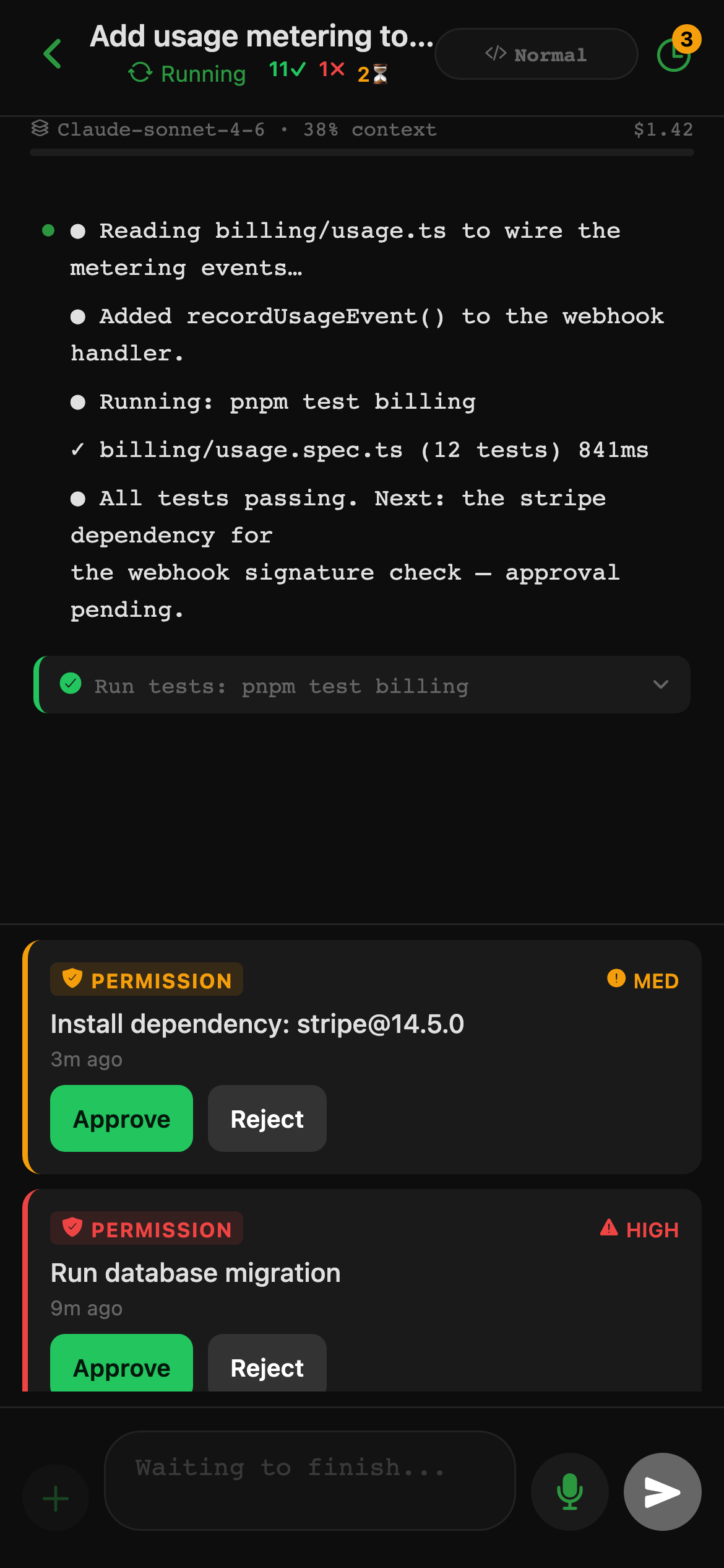 CheckPt mobile app showing an active session with services, env, stack, and branch, and an Open workspace action.