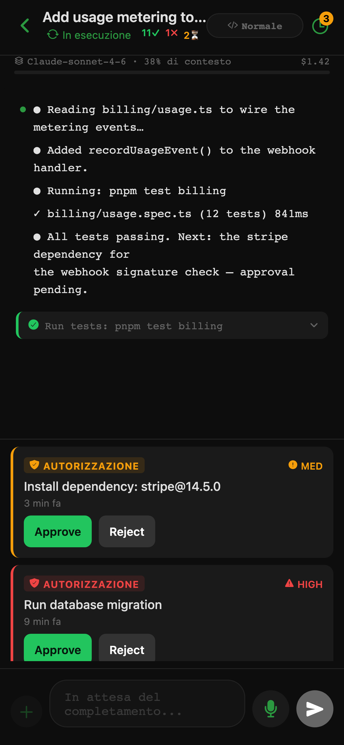 L'app mobile CheckPt mostra una sessione attiva con servizi, ambiente, stack e branch, e un'azione Apri workspace.