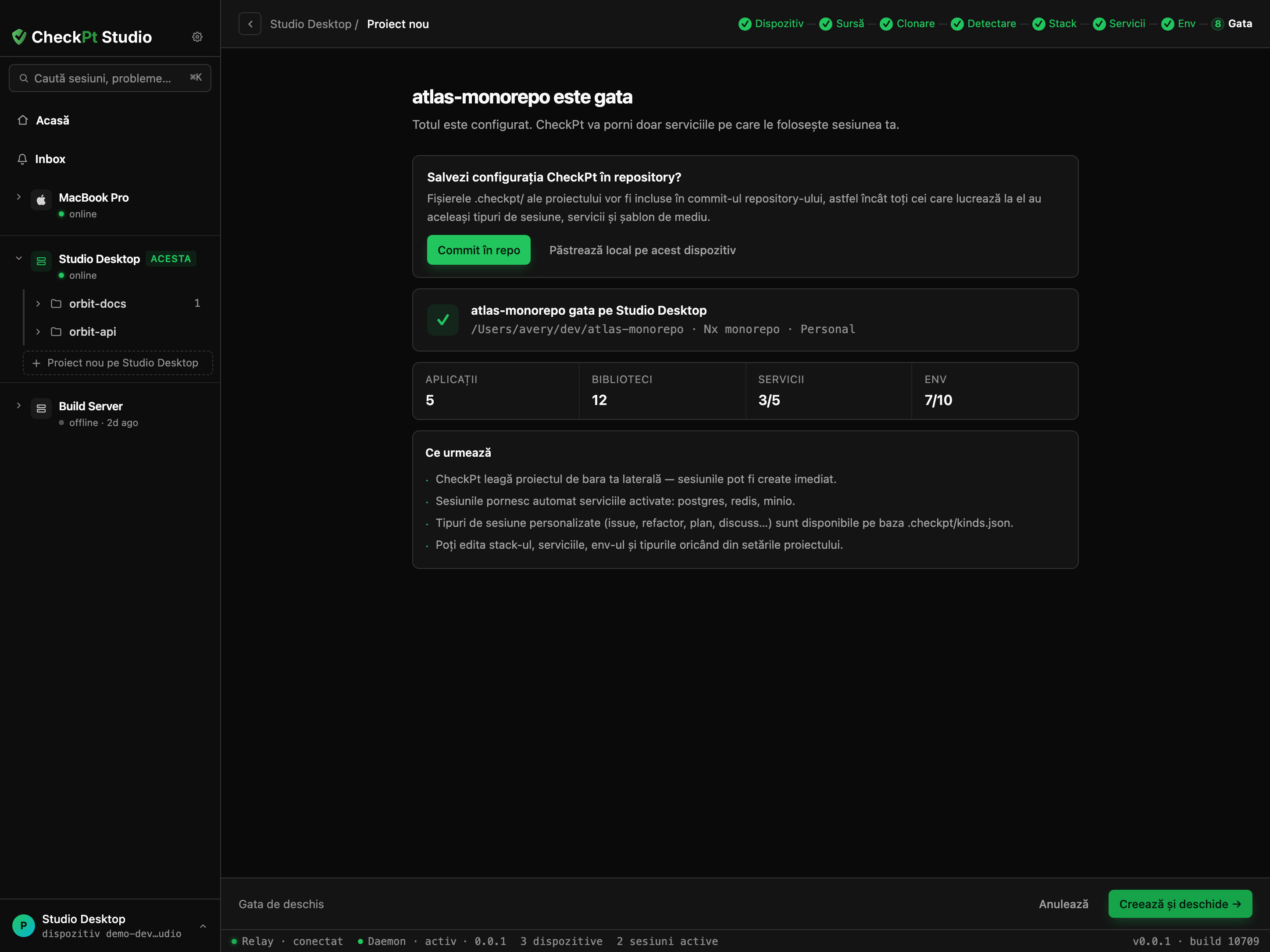 Aplicația desktop CheckPt Studio ghidând un proiect nou prin pașii dispozitiv, sursă, clonare, stack, servicii, mediu și finalizare.