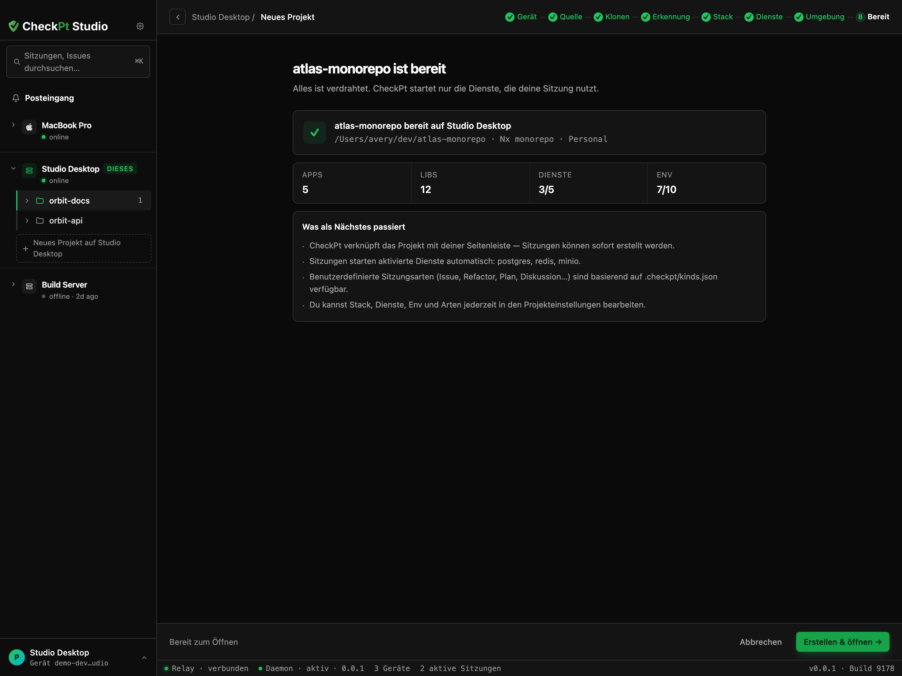 CheckPt Studio Desktop-App, die ein neues Projekt durch die Schritte Gerät, Quelle, Klonen, Stack, Dienste, Env und Fertig führt.