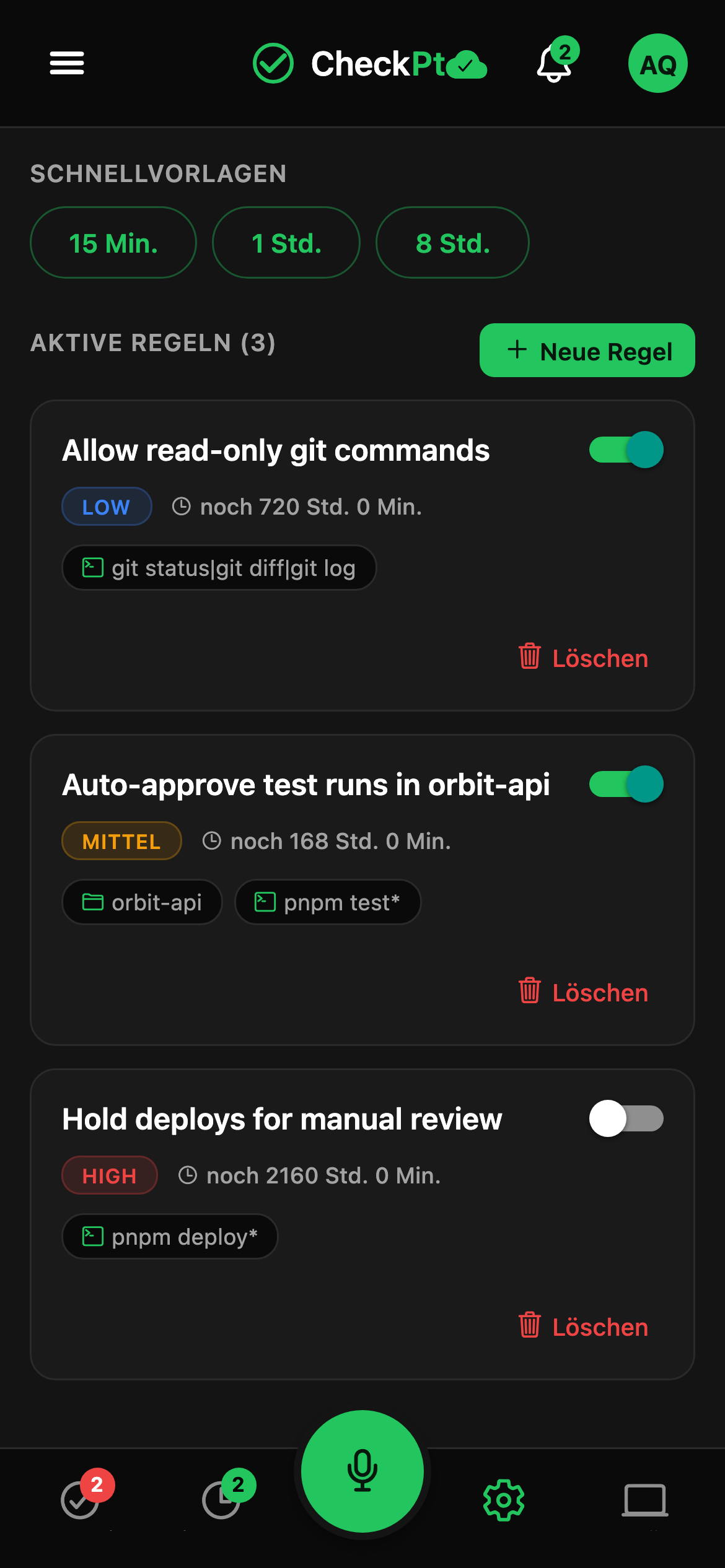 CheckPt mobile quick rules screen.