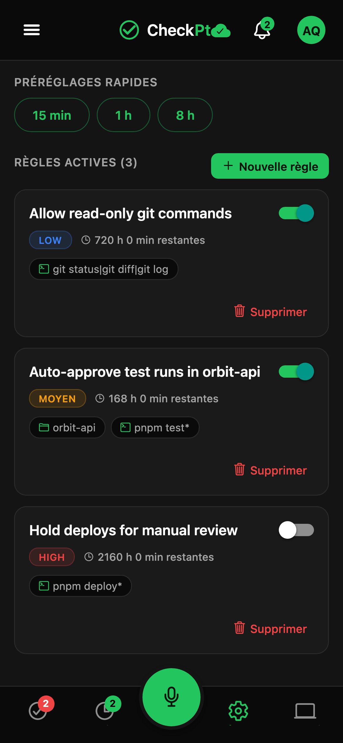 CheckPt mobile quick rules screen.