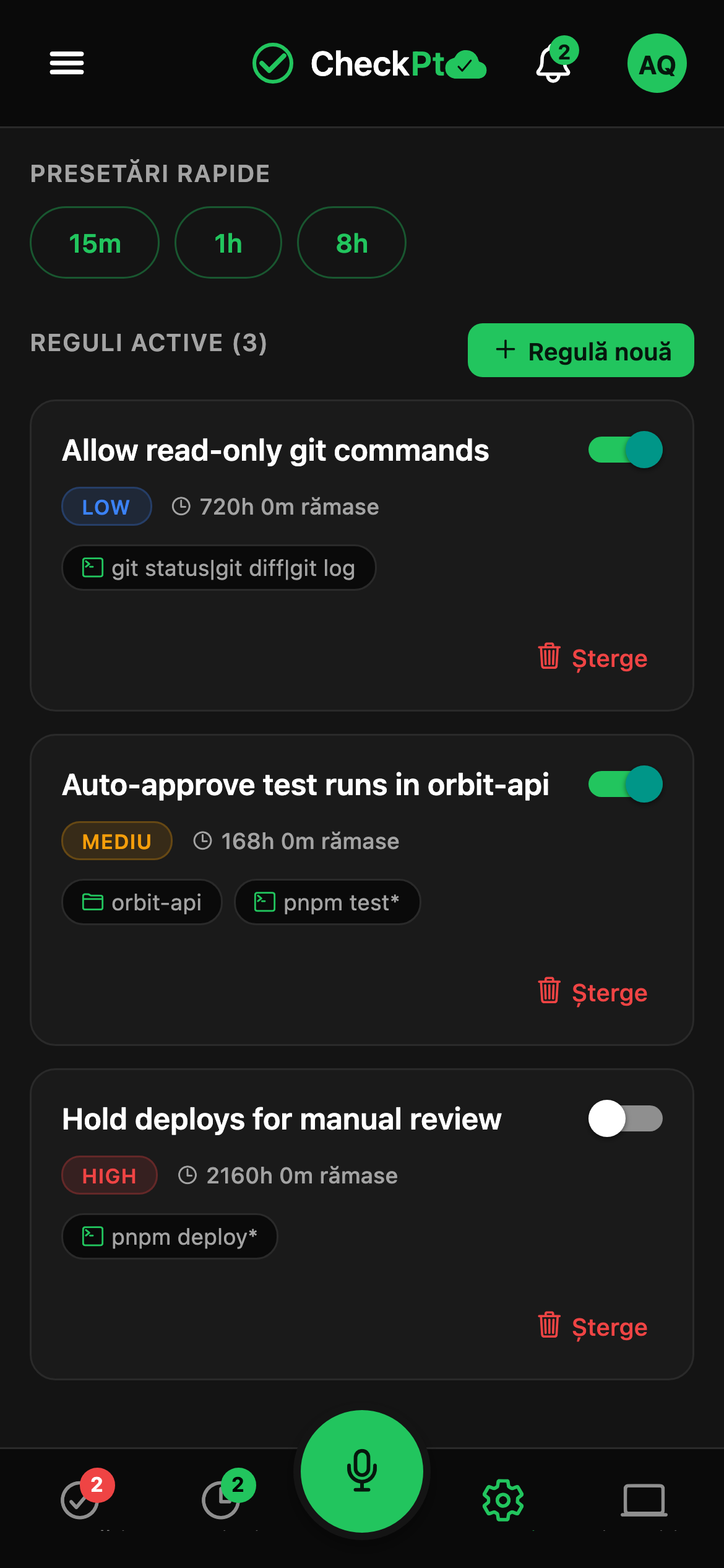CheckPt mobile quick rules screen.