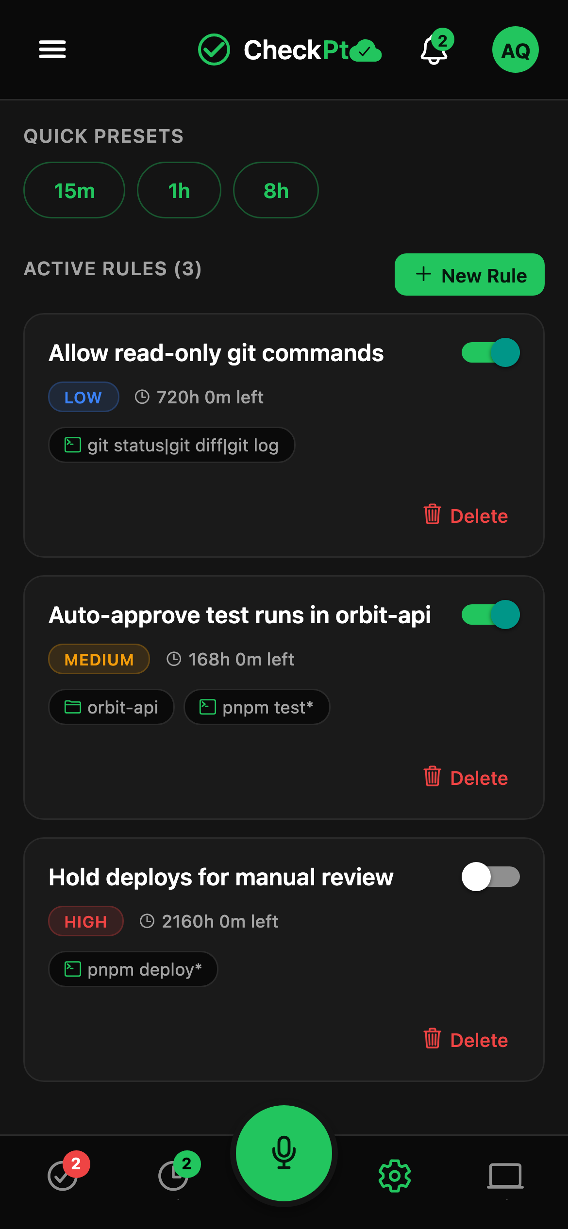 CheckPt mobile quick rules screen.