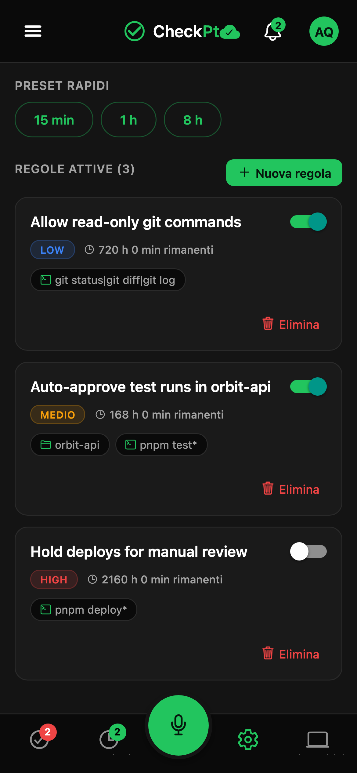CheckPt mobile quick rules screen.