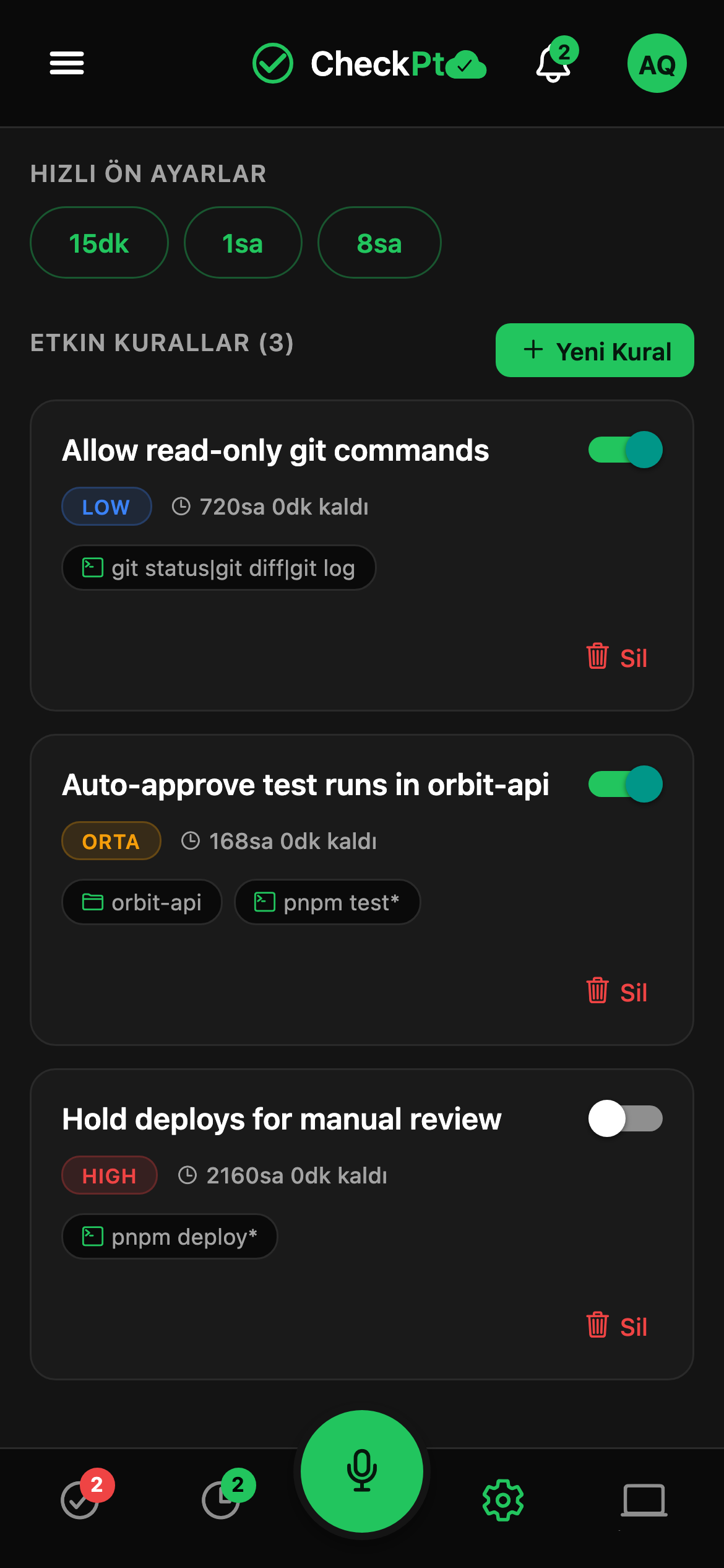 CheckPt mobile quick rules screen.