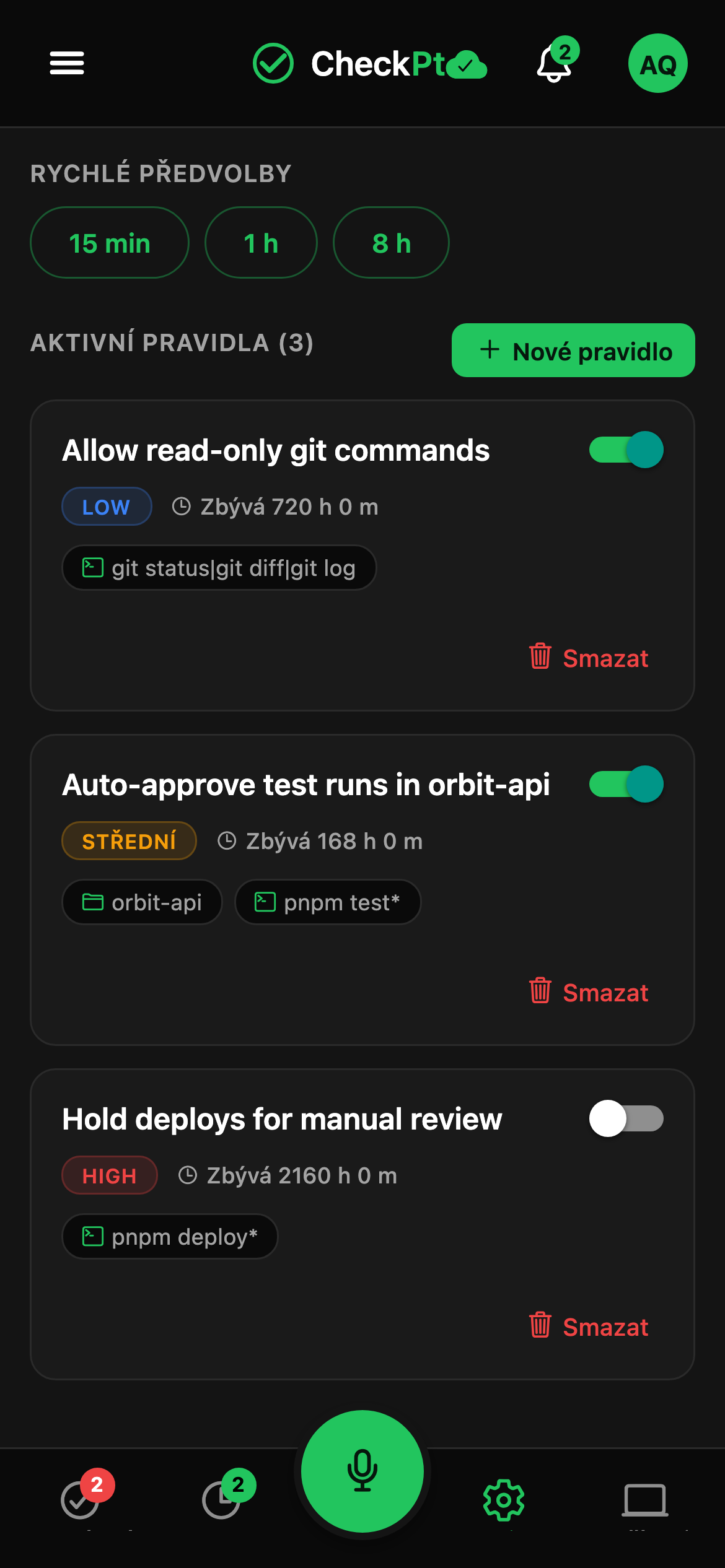 CheckPt mobile quick rules screen.