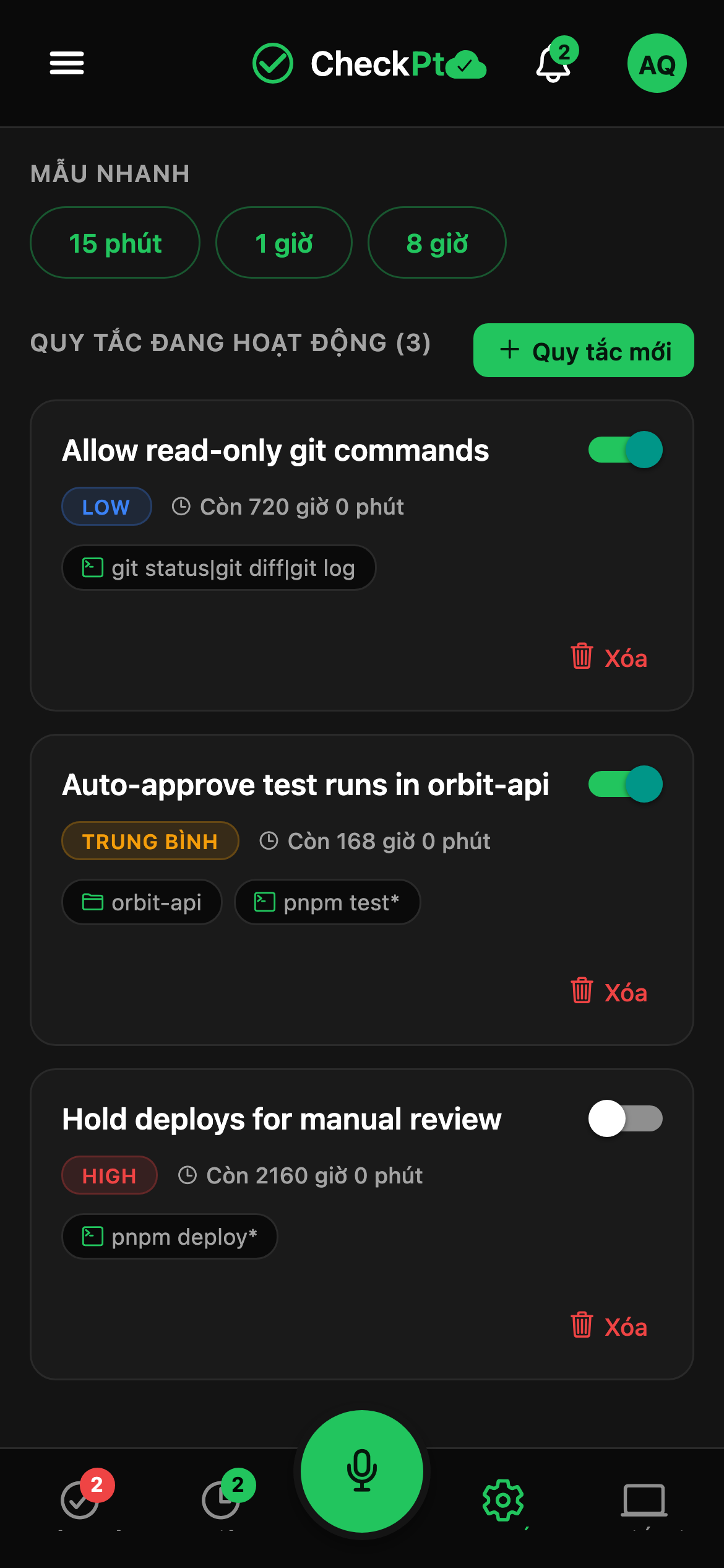 CheckPt mobile quick rules screen.