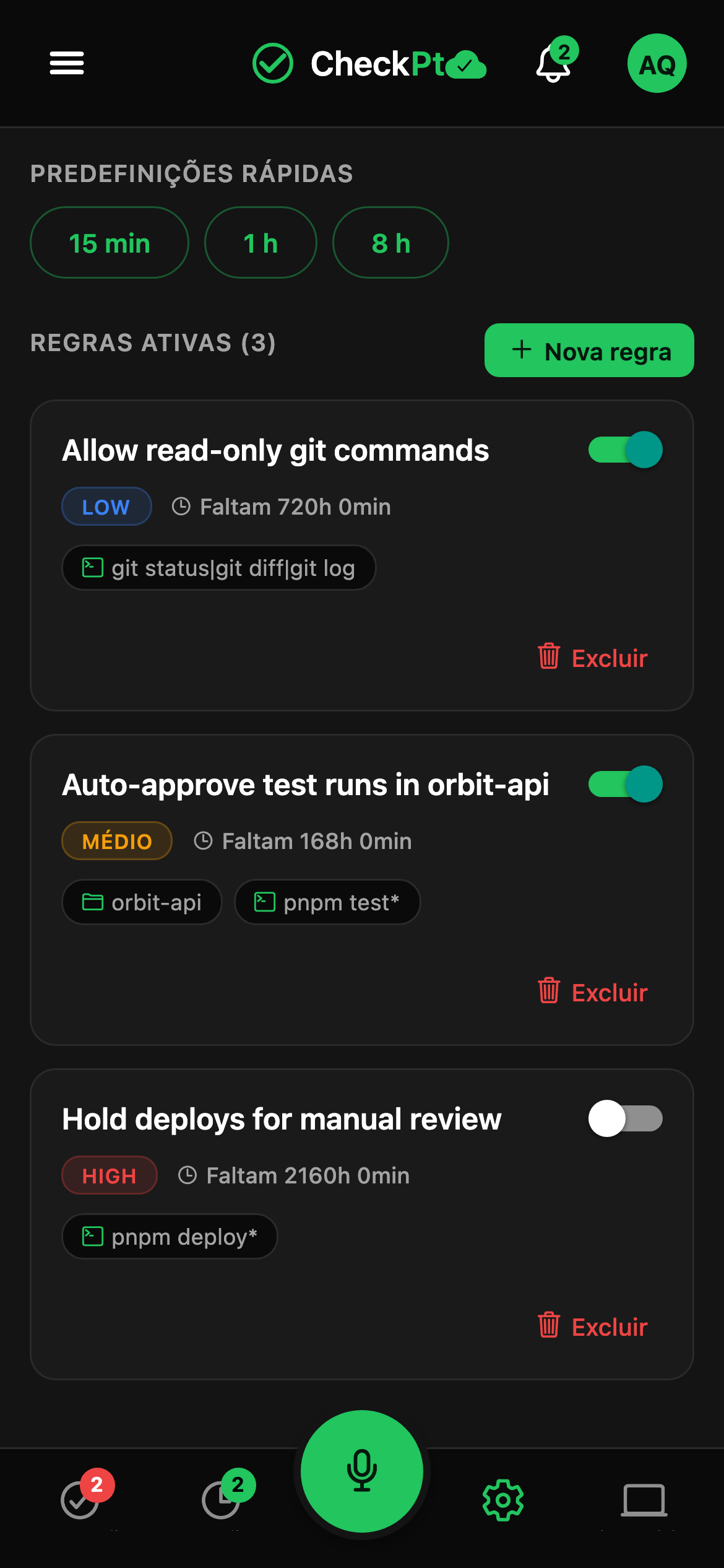 CheckPt mobile quick rules screen.
