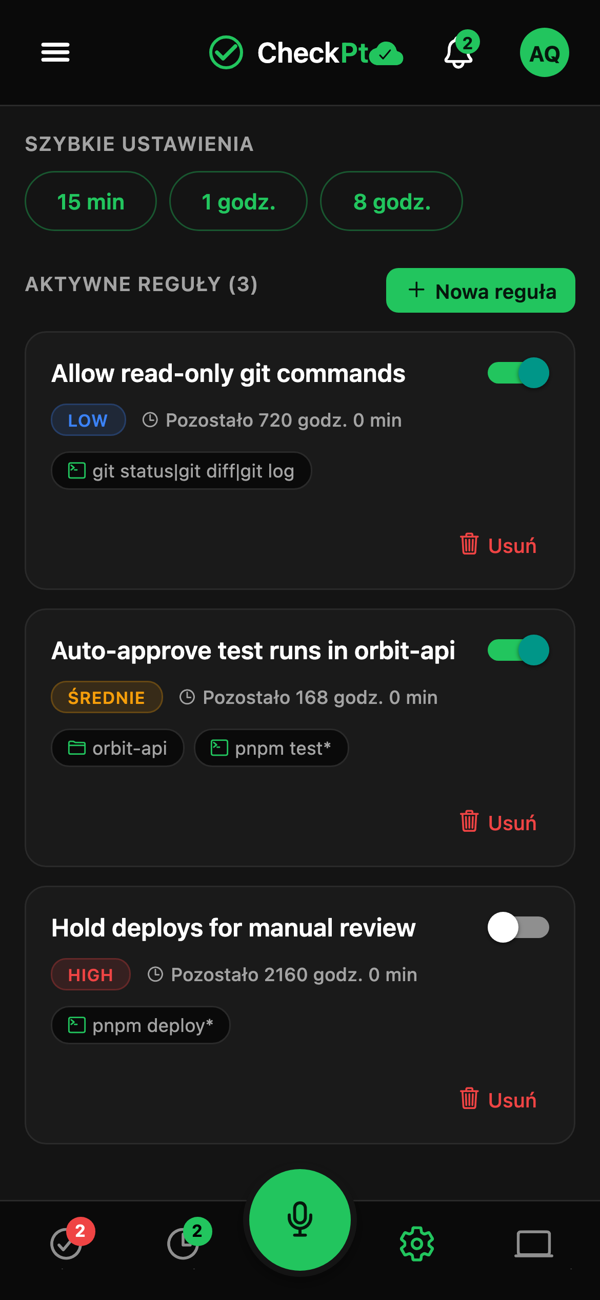CheckPt mobile quick rules screen.