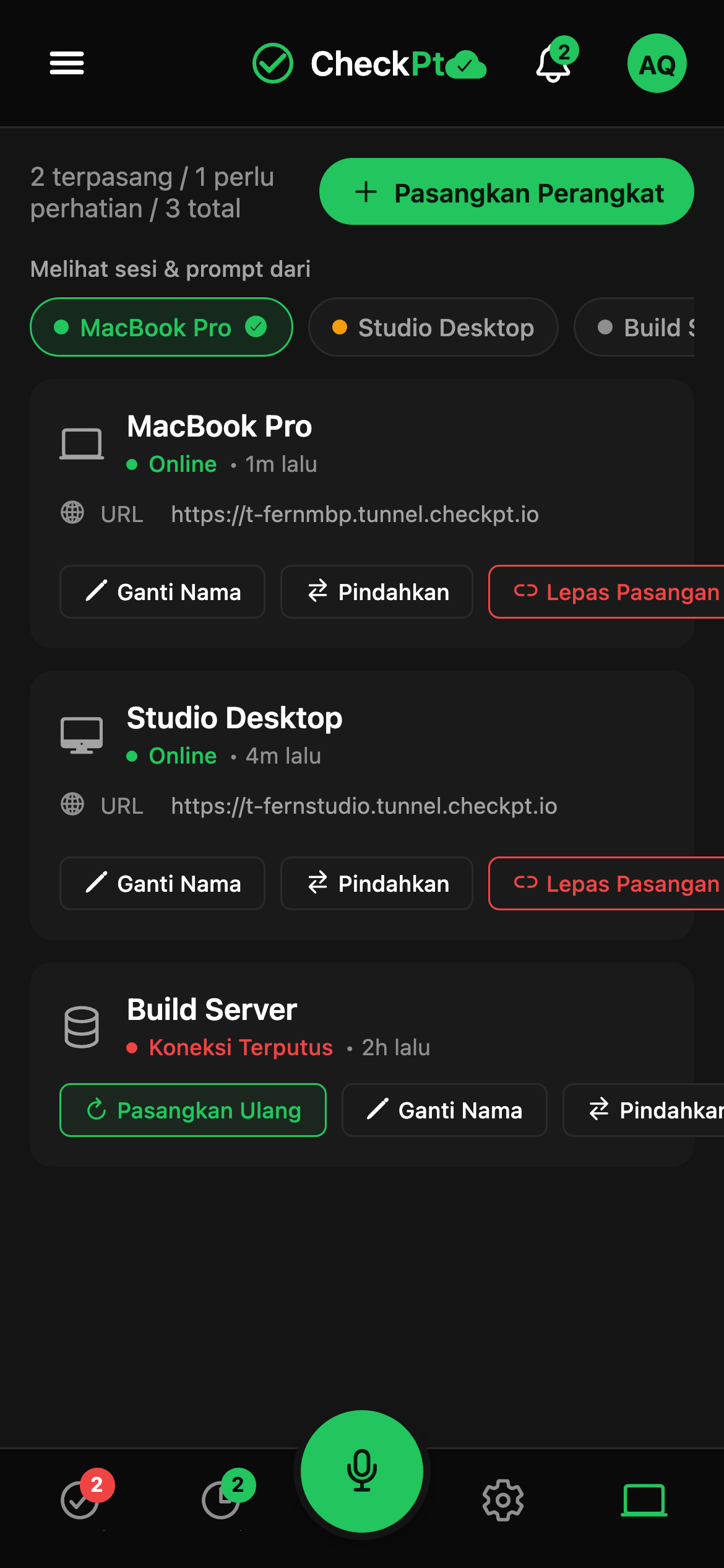 CheckPt mobile switch-device screen.