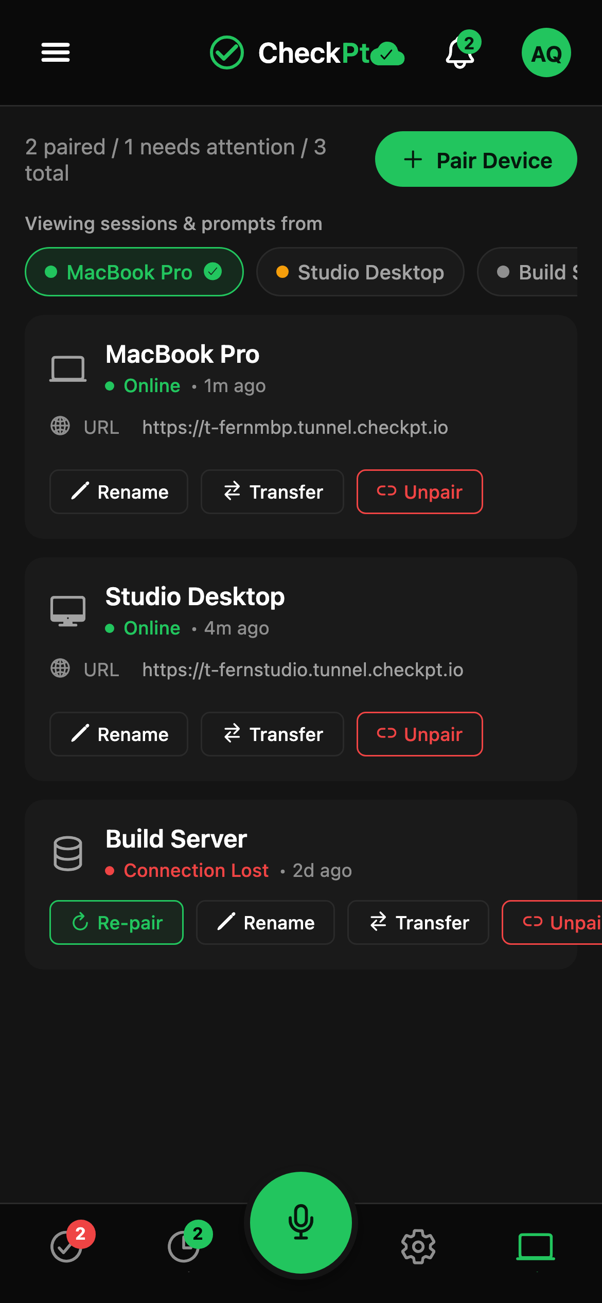 CheckPt mobile switch-device screen.
